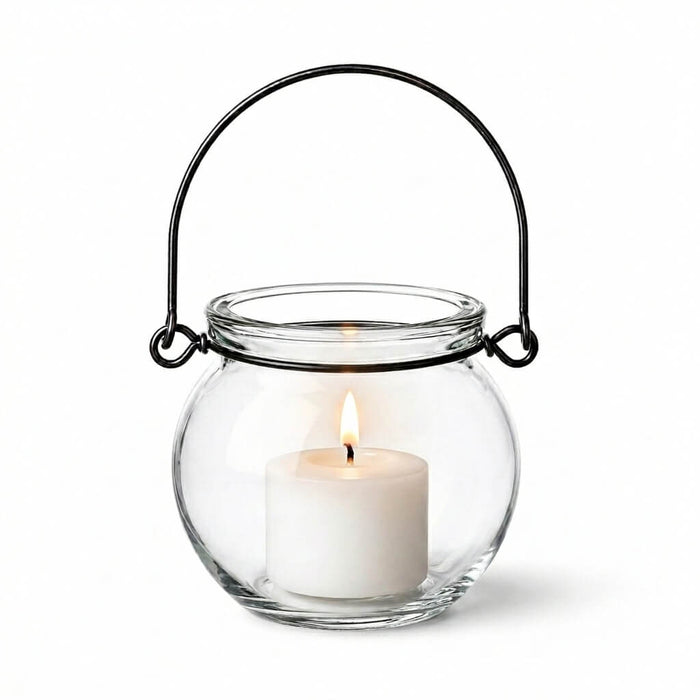 Lit white votive candle in a Bubble Hanging Glass Vase on a white background