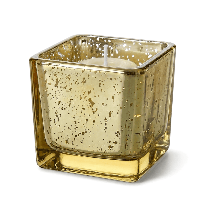 Metallic gold mercury square votive holder with candle on white background