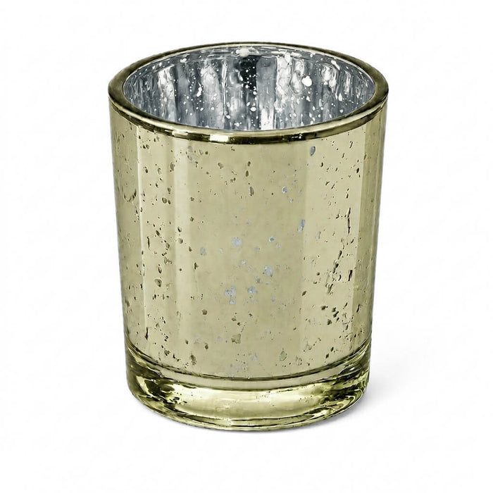 An empty Metallic Gold Mercury Votive Holder isolated from an angle on a clean white background
