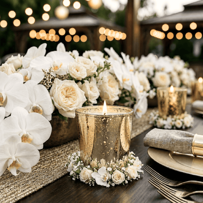 An upscale event centerpiece featuring a glowing Metallic Gold Mercury Votive Holder and roses