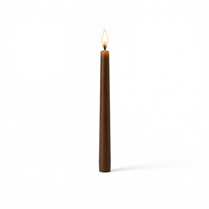 Single brown taper candle with flame on white background