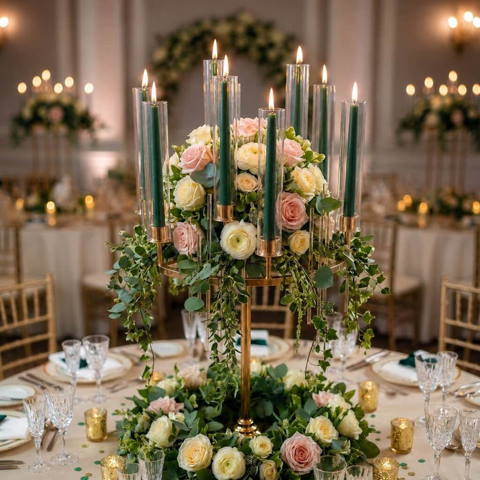 Wedding tablescape with green candles and blush floral arrangement
