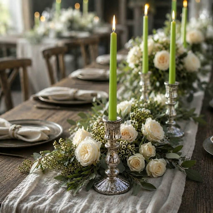 Green taper candles and white florals on elegant farmhouse table