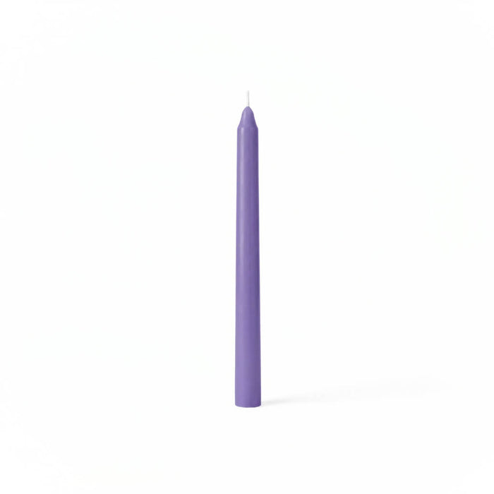 Single lavender taper candle on white backdrop