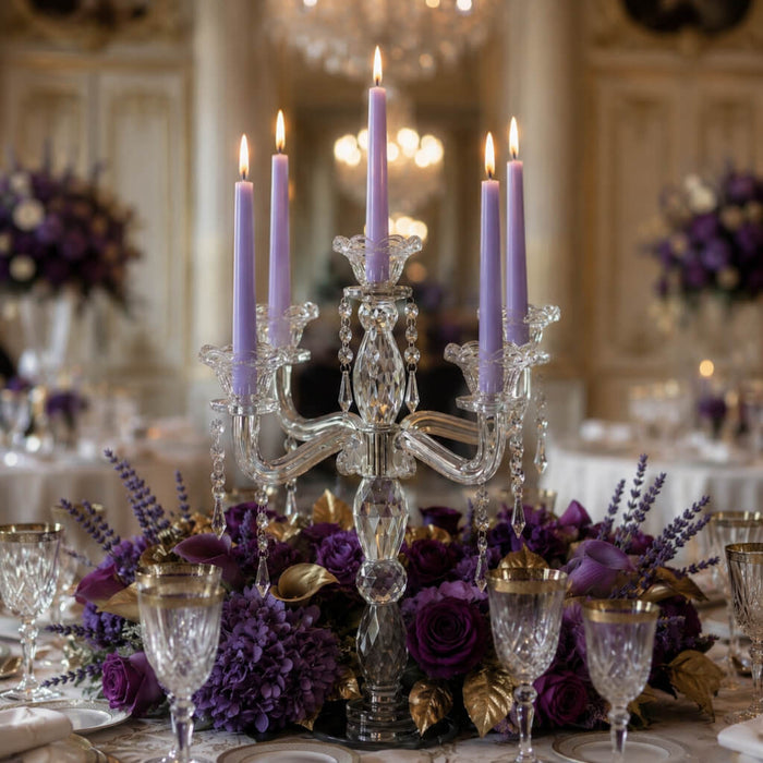 Luxurious floral centerpiece with crystal candelabra and Lavender candles