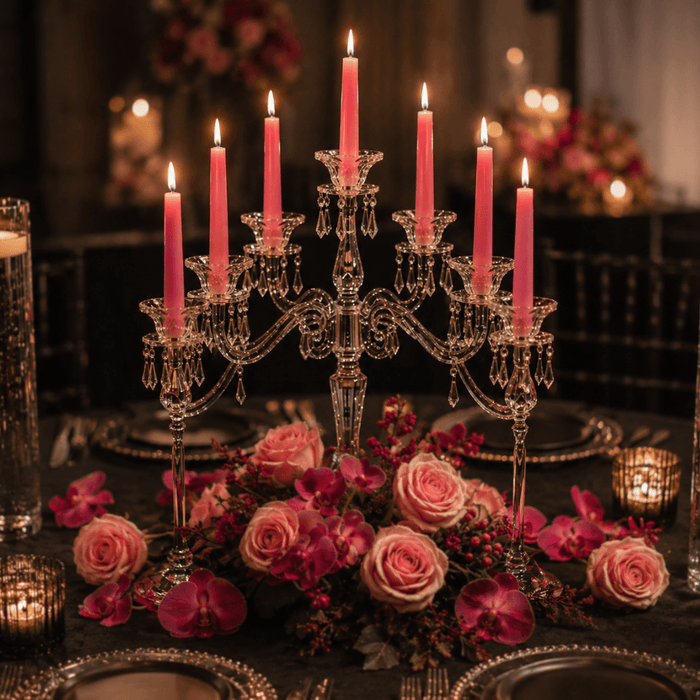 Elegant crystal candelabra with lit pink taper candles and roses