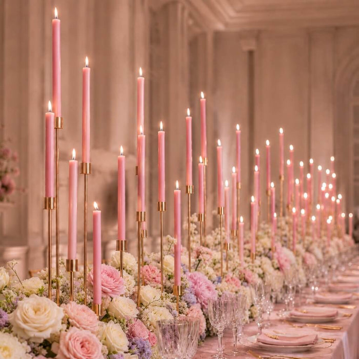 Romantic reception table with pink candles and pastel flower arrangements