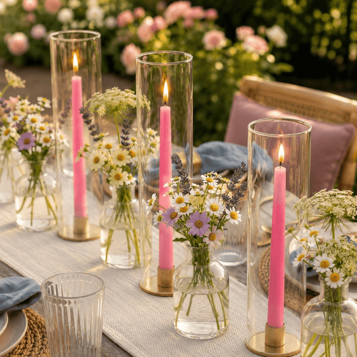 Lit pink taper candles with wildflower arrangements on dining table