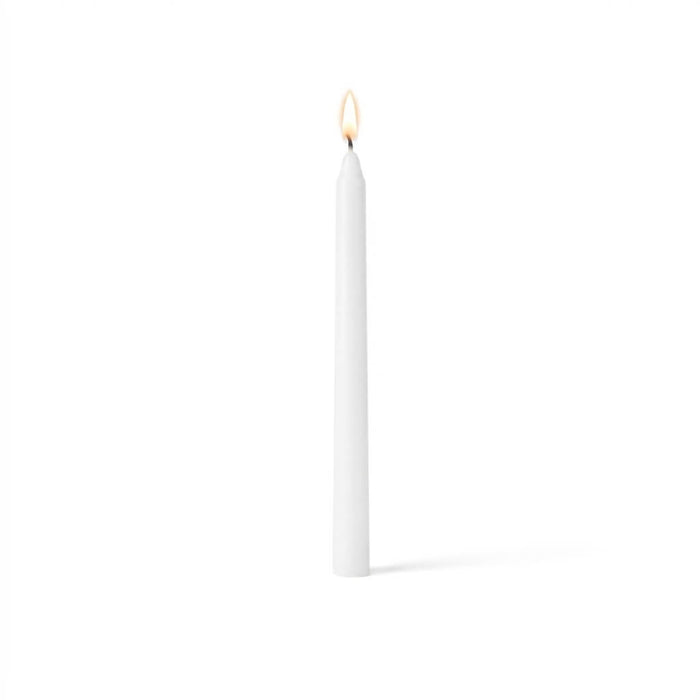 Single glowing white taper candle on clean white surface