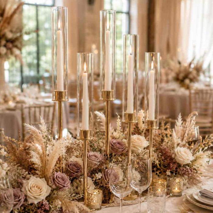 White taper candles with floral centerpiece and gold candle stands