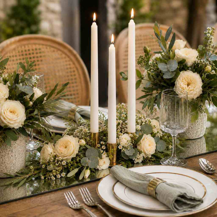 Elegant tablescape with white taper candles and white floral centerpiece