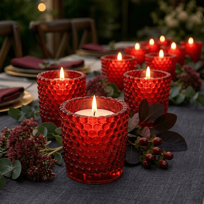 Red hobnail votive holders with candles on elegant decorated dinner table