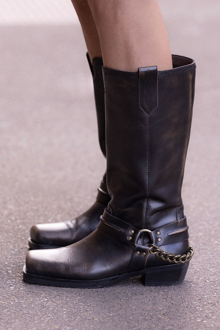 Spell women's Ride Or Die Boot in Vintage Black — leather biker boot with brass chain harness and square toe
