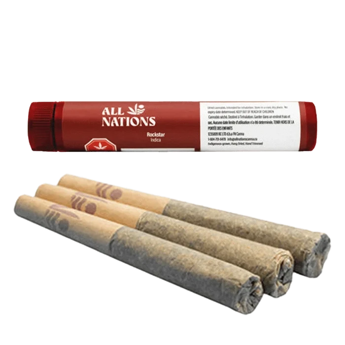 A close-up view of the Rockstar Pre Rolled 3 x 0.5 g pre-rolls, arranged horizontally against a dark background.