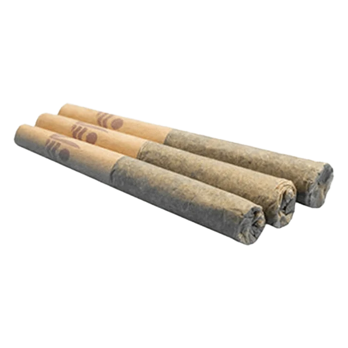 A close-up, angled view of three Rockstar Pre Rolled 0.5 g pre-rolls, showcasing their cylindrical shape and paper wrapping.