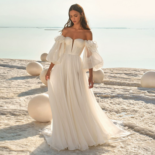 Romantic Off-Shoulder Tulle Wedding Dress with Puff Sleeves & Sweetheart Neckline