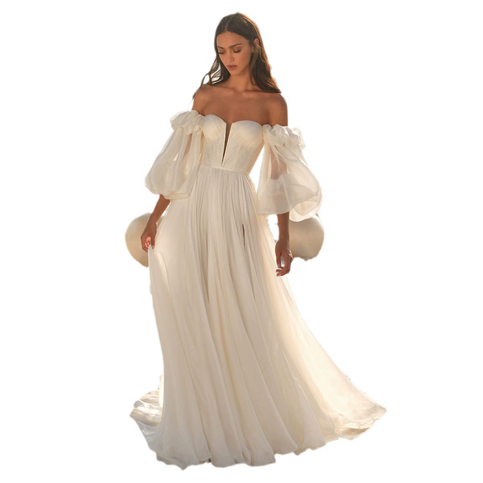 Romantic Off-Shoulder Tulle Wedding Dress with Puff Sleeves & Sweetheart Neckline