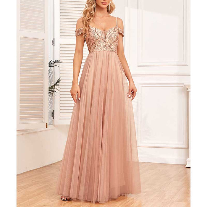 Rose Gold Long Prom Dress Off The Shoulder A Line Sequin Bridesmaid Dress