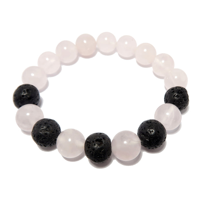beaded rose quartz and black lava round stretch bracelet