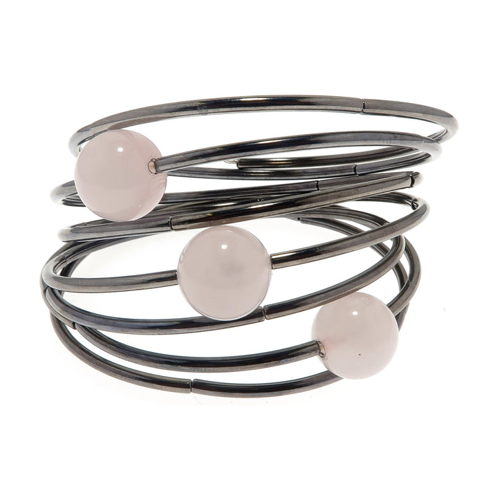 rose quartz beads on a 7 layer gunmetal memory wire bracelet