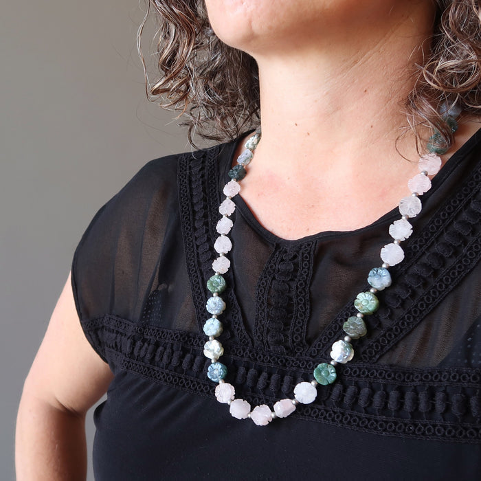 woman modeling a rose quartz moss agate flower necklace