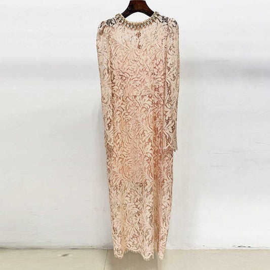 Round-Neck Beaded-Embellished Lace Midi Dress For Women