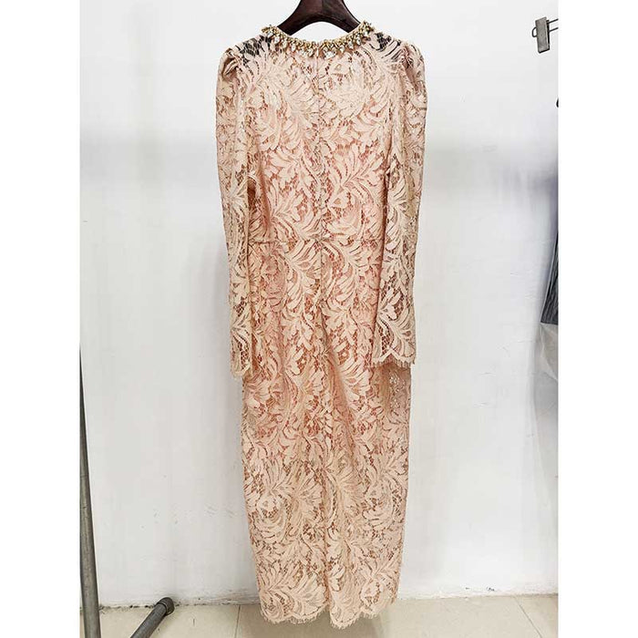Round-Neck Beaded-Embellished Lace Midi Dress For Women