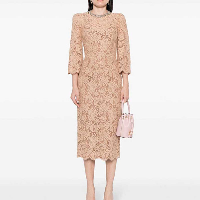 Round-Neck Beaded-Embellished Lace Midi Dress For Women