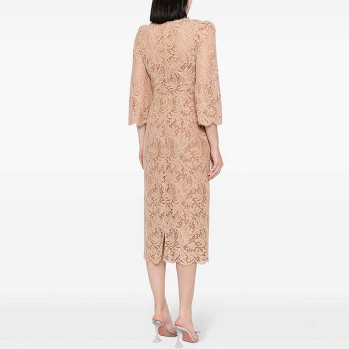 Round-Neck Beaded-Embellished Lace Midi Dress For Women