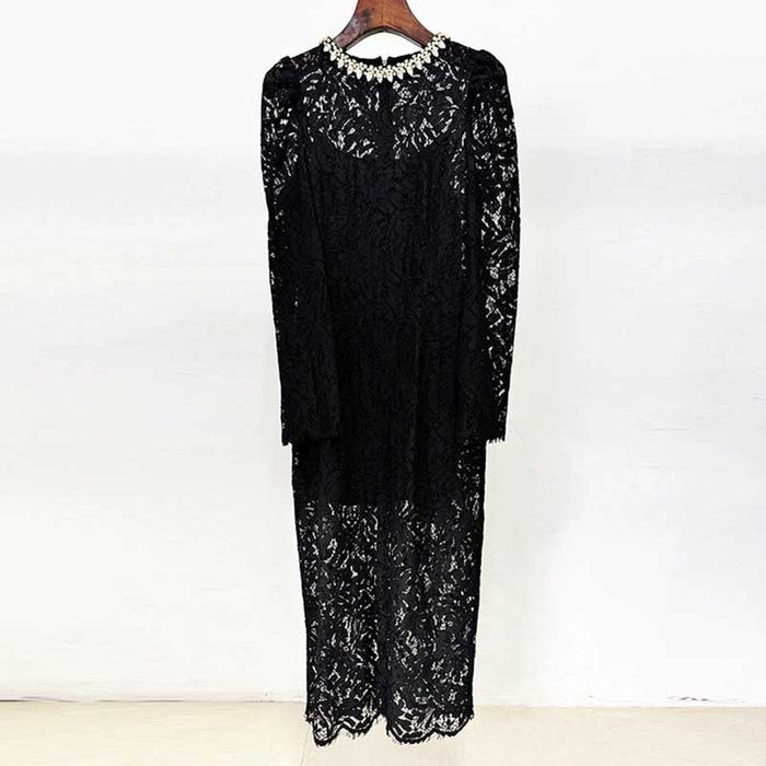 Round-Neck Beaded-Embellished Lace Midi Dress For Women