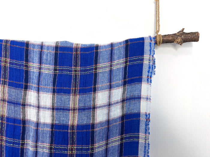 Royal Blue Plaid High-Twist Linen Blend Fabric – Lightweight with Subtle Stretch & Natural Wrinkle 7882