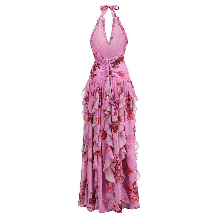 Ruffle Halter Stretch Tulle Floral Maxi Dress