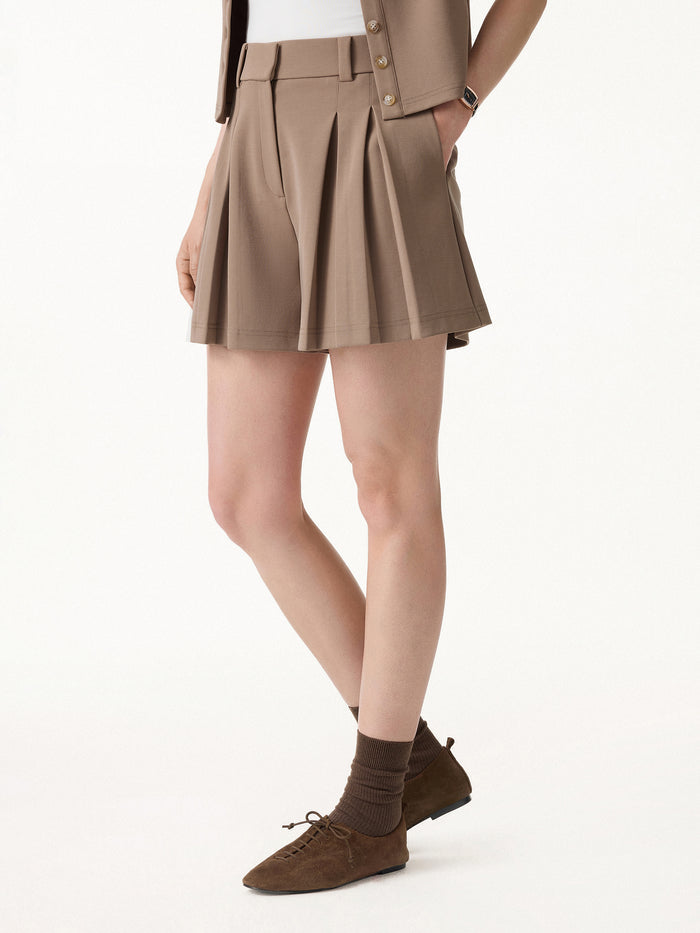 OGLmove 2Pcs Set Crew Neck Top & High Rise A-Line Pleated Shorts