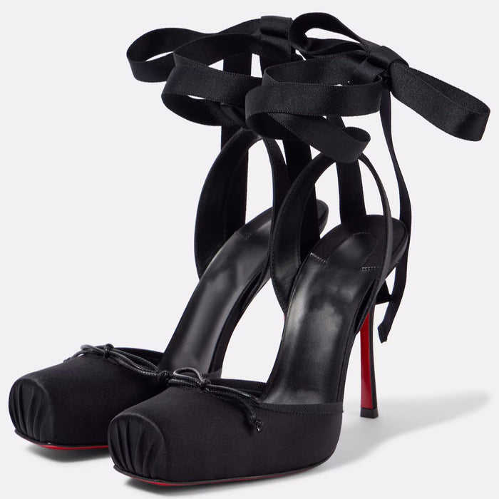 Satin Ballet Heels with Ribbon Ties | Square Toe Lace-Up Sandals