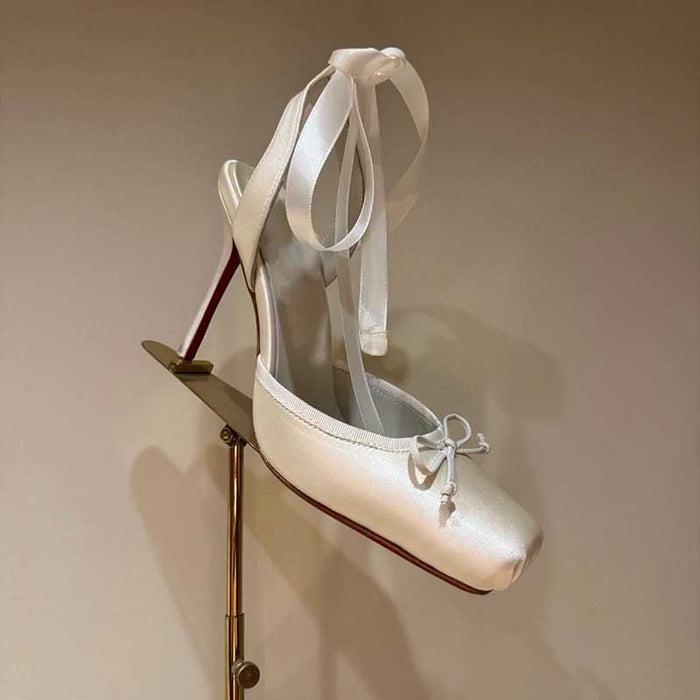 Satin Ballet Heels with Ribbon Ties | Square Toe Lace-Up Sandals