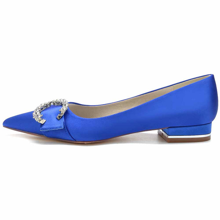 Satin bridal flats for women in royal blue with elegant jeweled details for a stylish wedding look