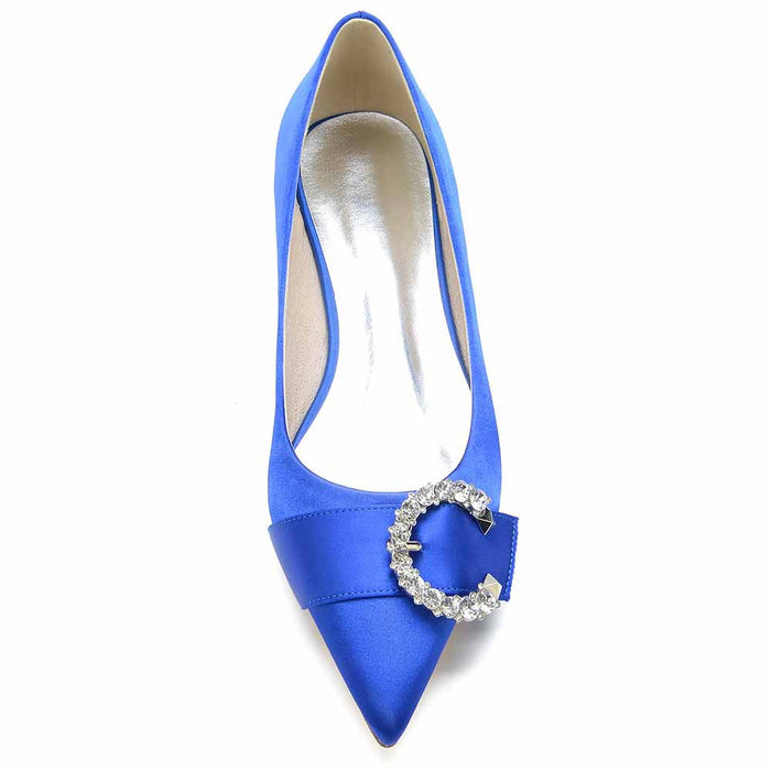 Elegant blue satin bridal flats for women featuring a chic crystal buckle design
