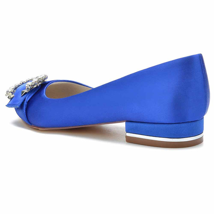 Elegant blue satin bridal flats for women featuring a decorative bow and gem embellishments