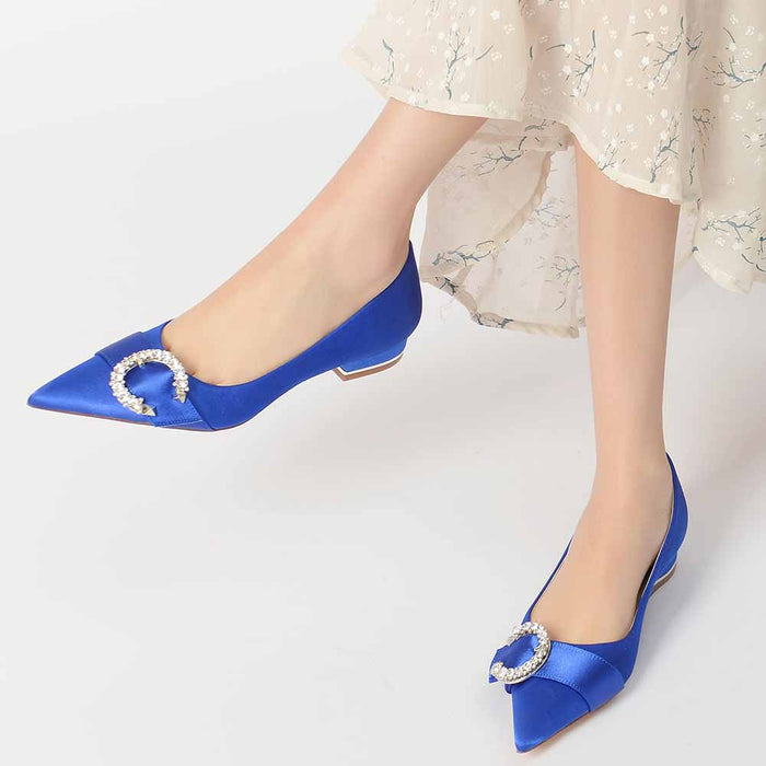Blue satin bridal flats for women with embellished buckle detail, perfect for weddings