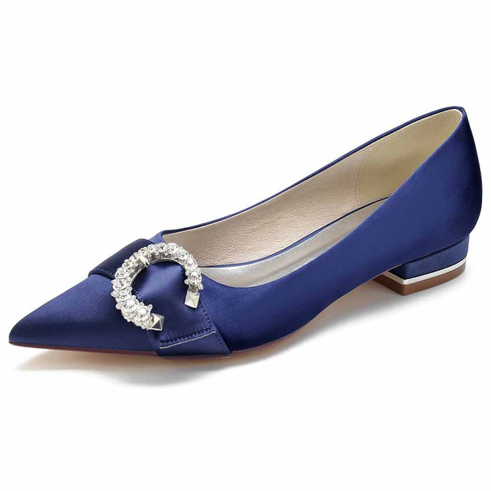 Elegant navy satin bridal flats for women with a sparkling buckle detail