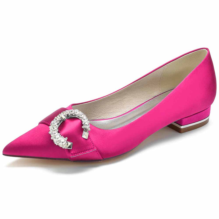 Pink Satin Bridal Flats for Women with Elegant Crystal Buckle Detail
