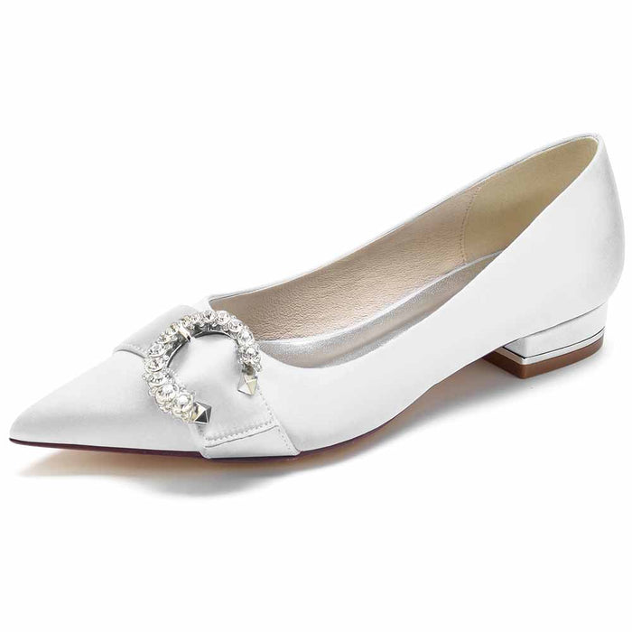 Elegant satin bridal flats for women with a sparkling buckle detail for a chic wedding look