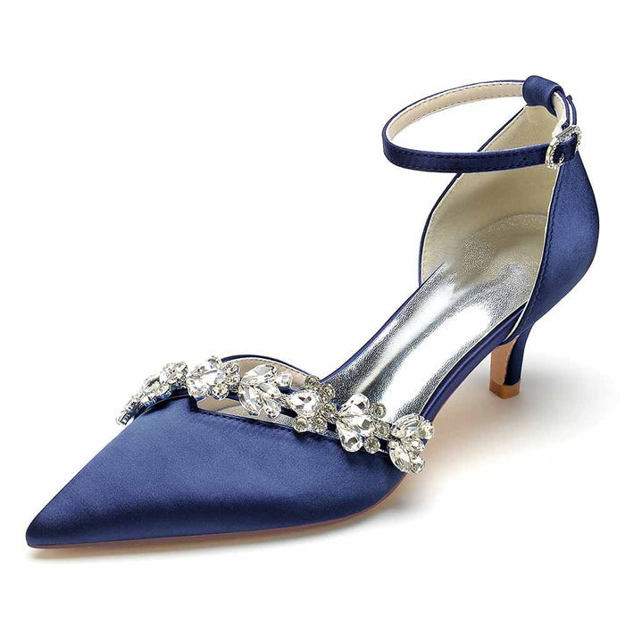 Elegant navy satin bridal heels with ankle strap and decorative rhinestone detail for weddings