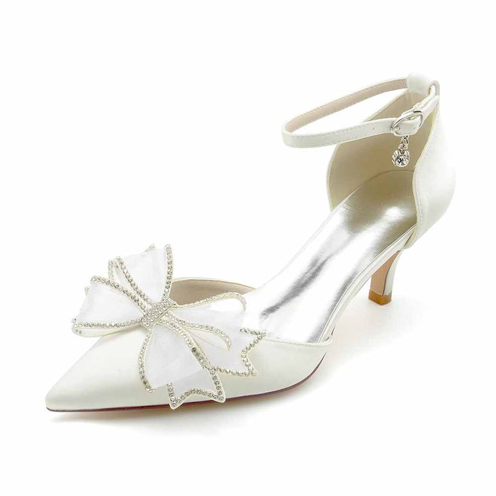 Elegant satin bridal shoes low heel with a butterfly embellishment and ankle strap in white