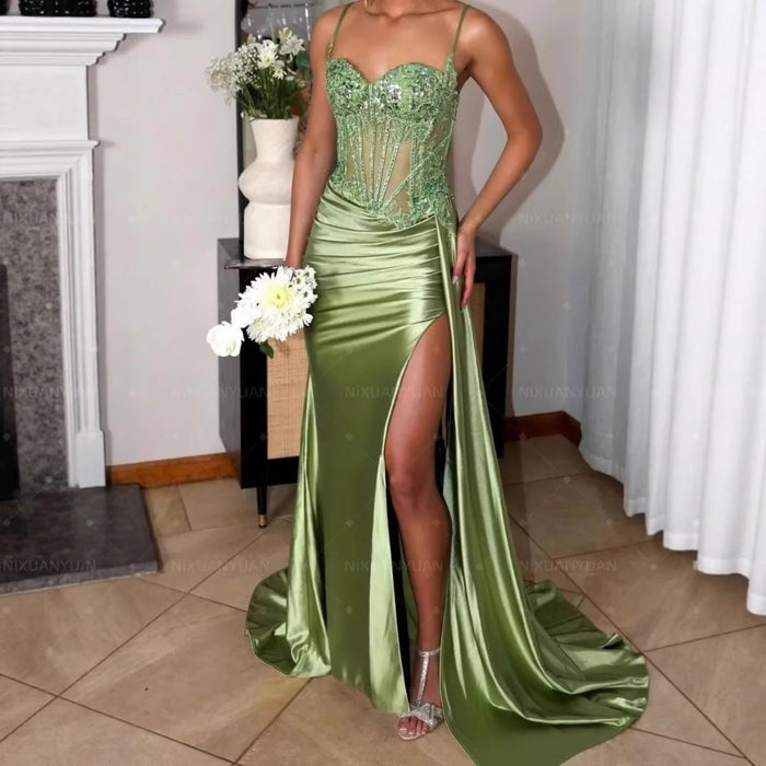 Satin Bridesmaid Dress Square Neck Satin Mermaid Prom Dress with Slit