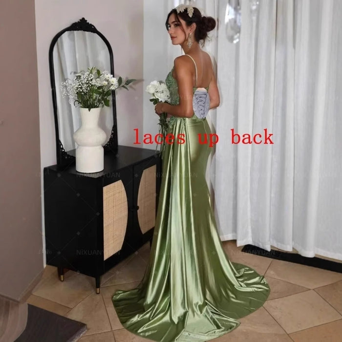 Satin Bridesmaid Dress Square Neck Satin Mermaid Prom Dress with Slit
