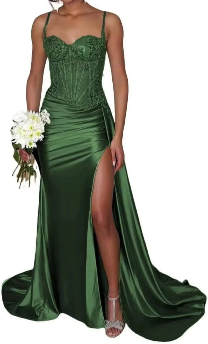 Satin Bridesmaid Dress Square Neck Satin Mermaid Prom Dress with Slit