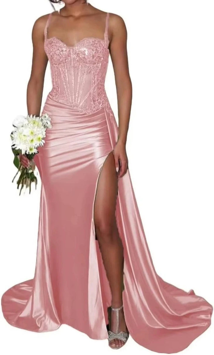 Satin Bridesmaid Dress Square Neck Satin Mermaid Prom Dress with Slit