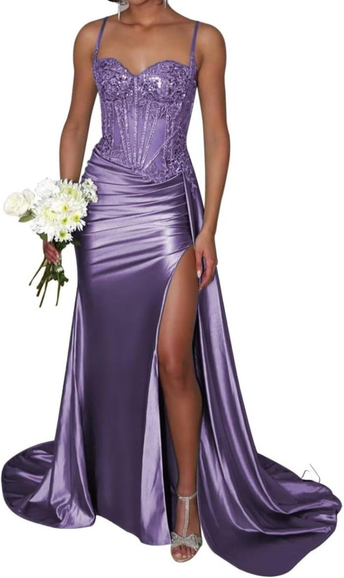 Satin Bridesmaid Dress Square Neck Satin Mermaid Prom Dress with Slit