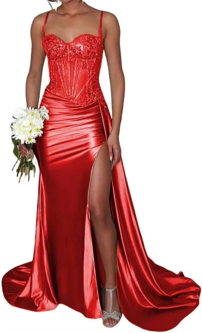 Satin Bridesmaid Dress Square Neck Satin Mermaid Prom Dress with Slit